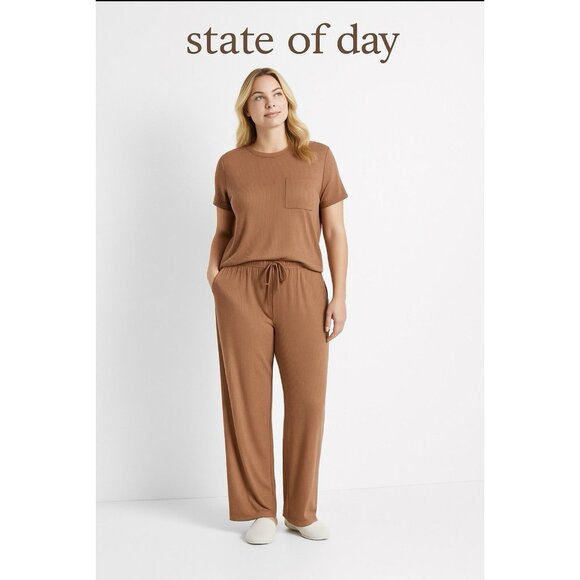 State of Day Women’s 2-Piece Pajama Set – Ribbed Top & Pants – Size M – Brown - Picture 1 of 4